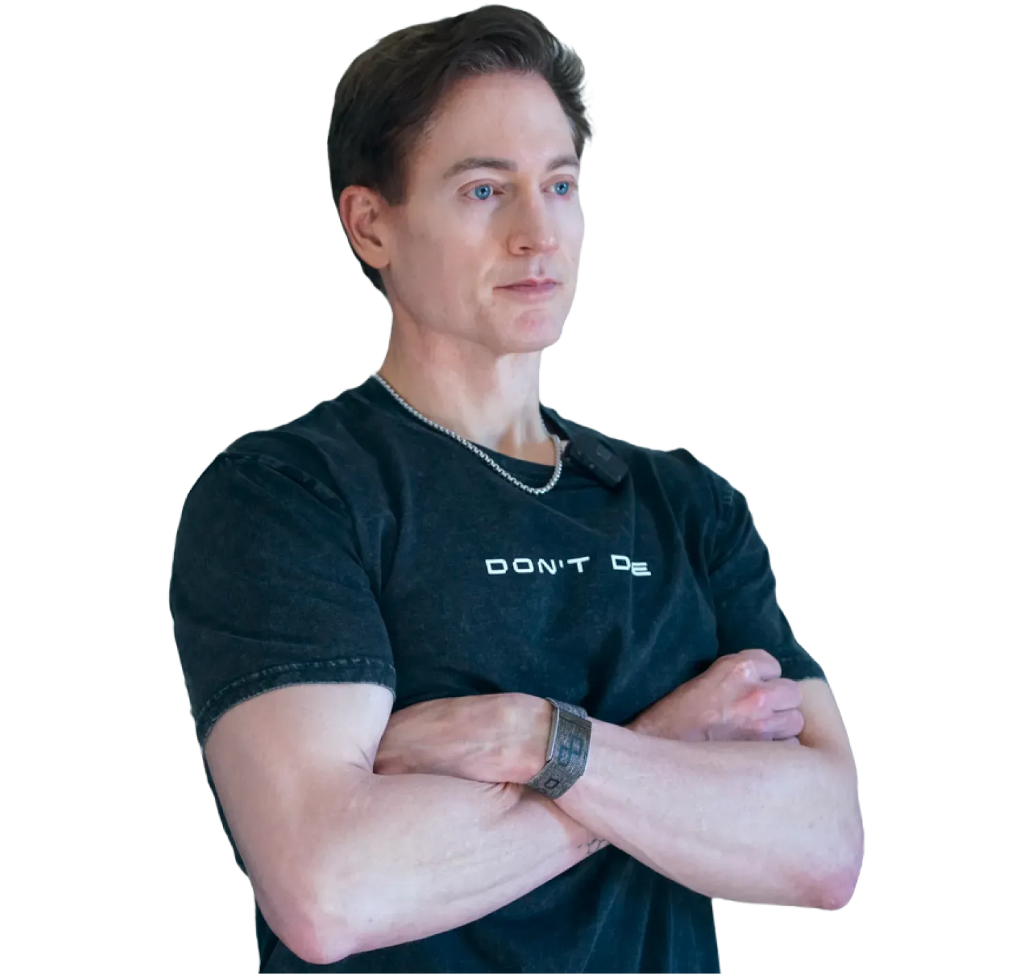 Bryan Johnson, arms crossed, in a dark T-shirt