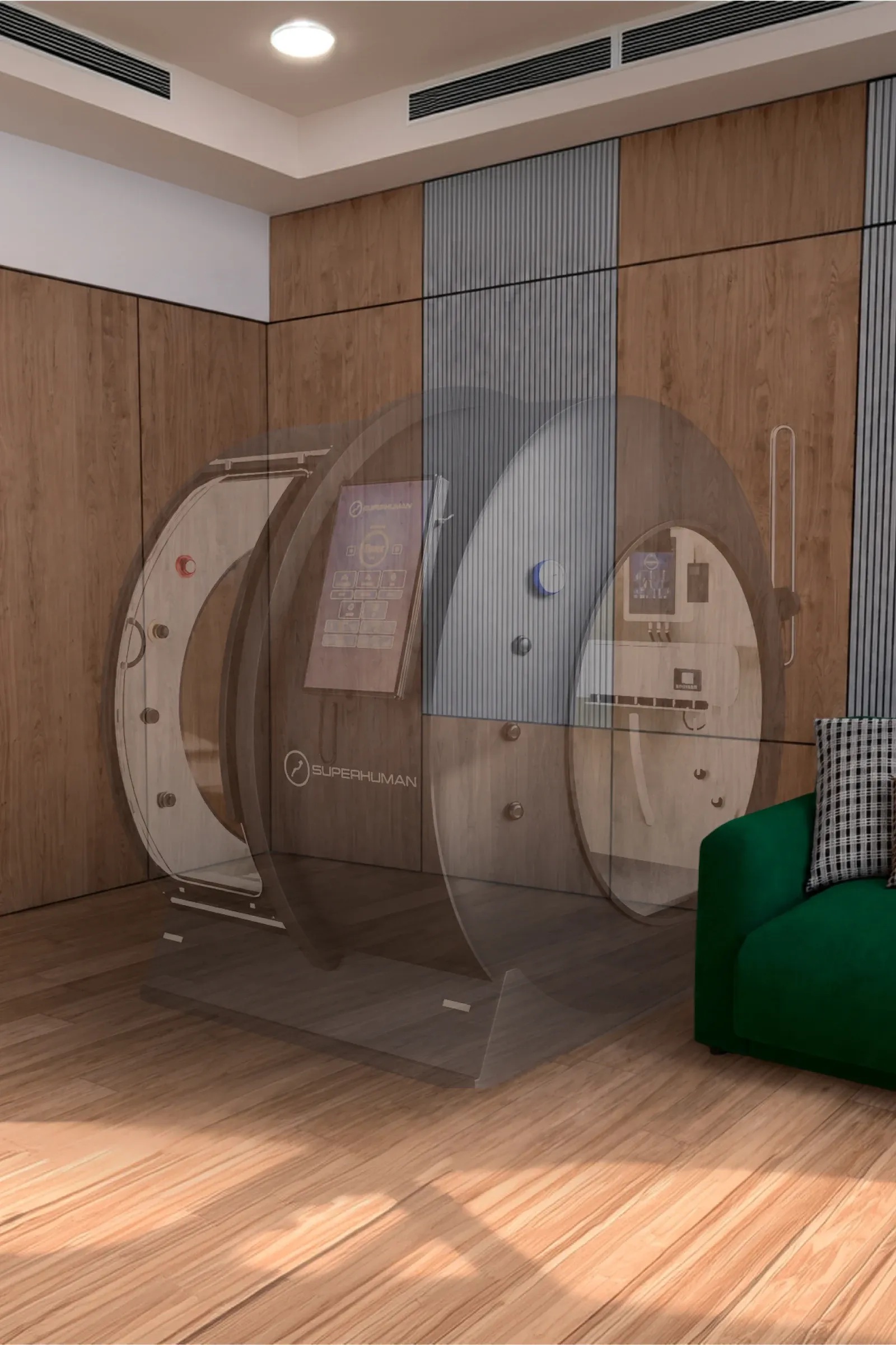 A rendering of a Superhuman chamber placed against a wood-paneled office wall, with a lounge sofa beside it showing the walkway room it needs