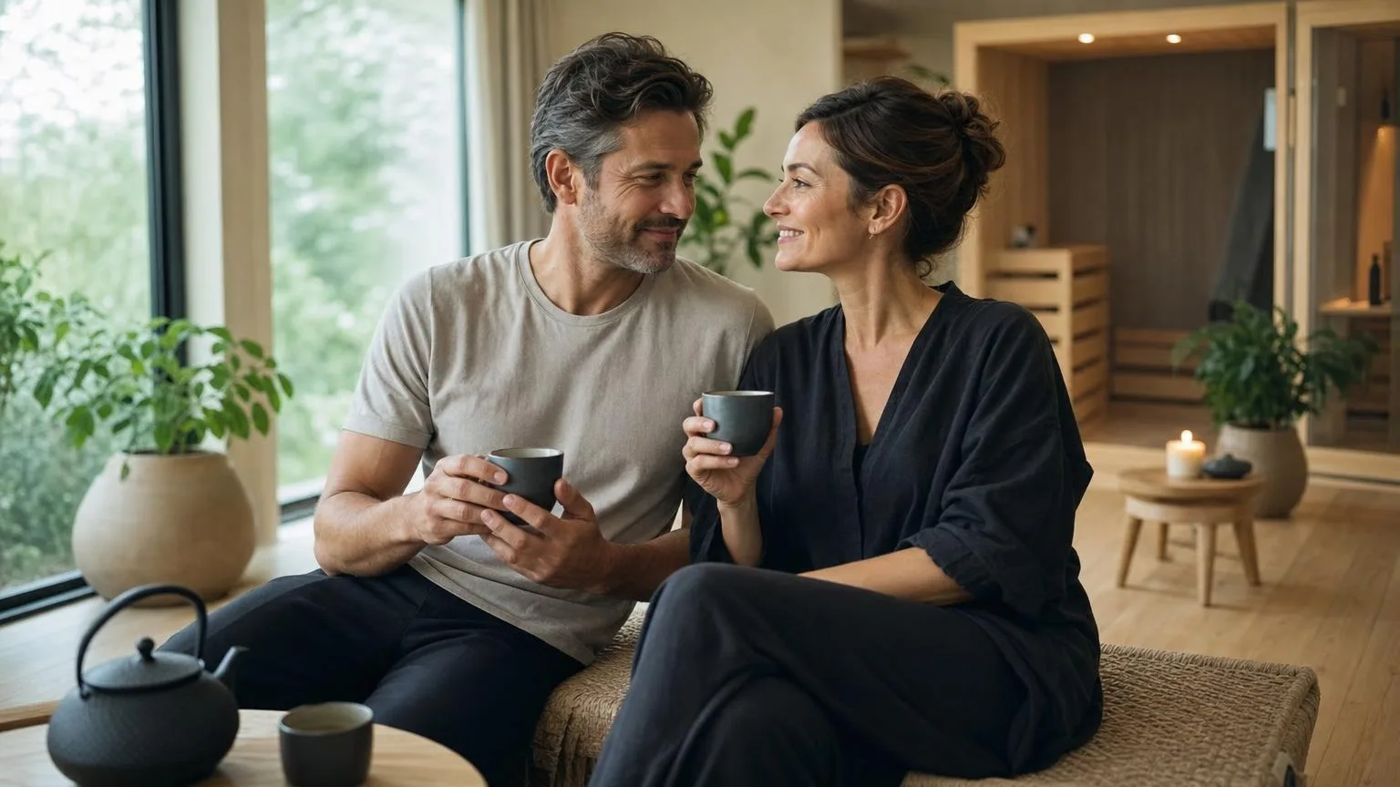 Couple in their forties relaxing together in a bright premium home wellness space with soft daylight