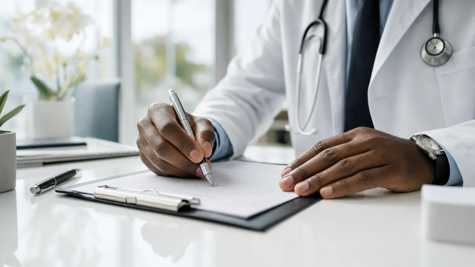 Physician's hands signing a form on a clipboard at a bright clinic desk
