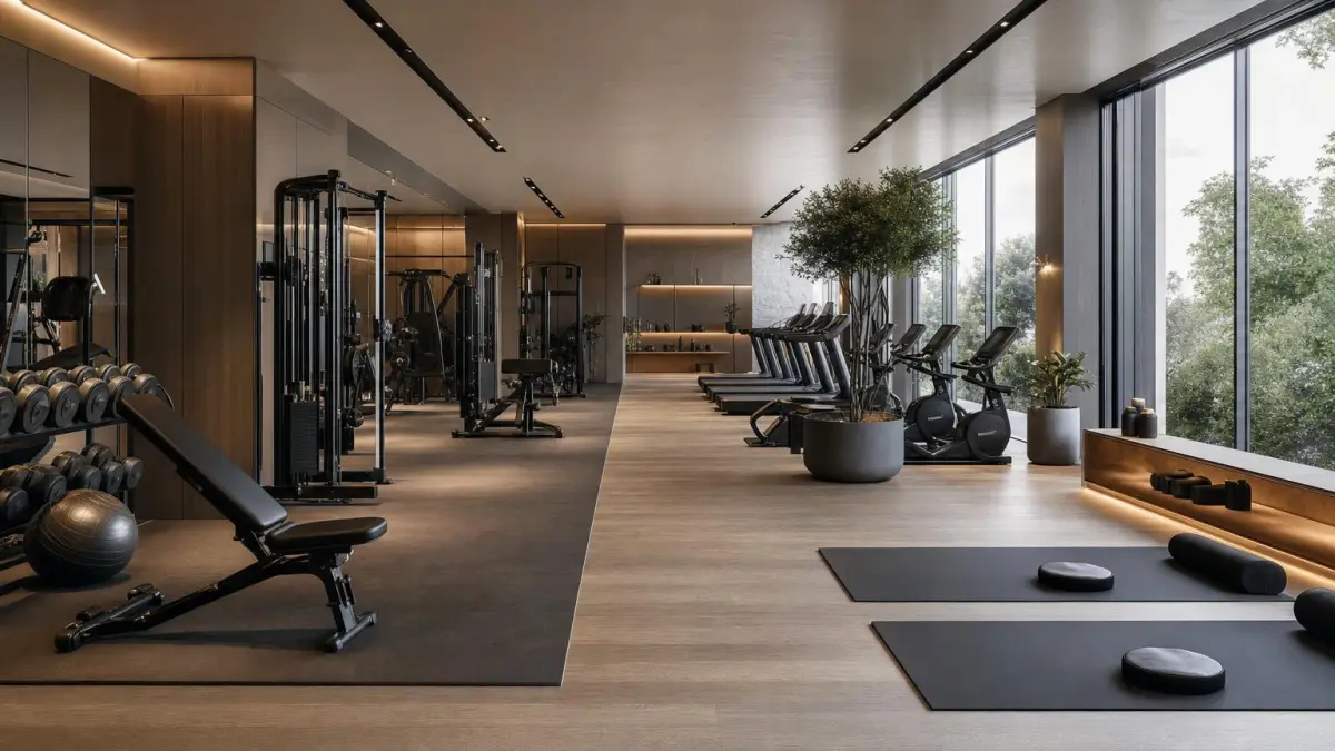 Modern gym interior with strength equipment, a turf lane, and members training in natural light