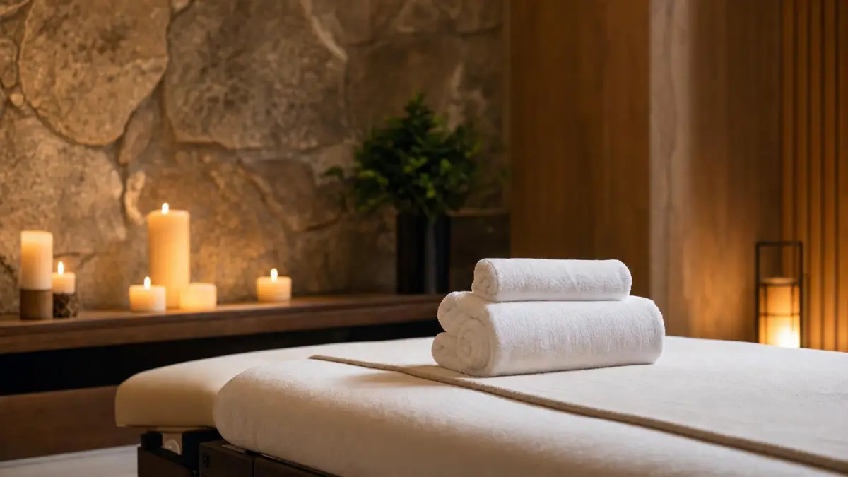 Spa treatment room with a massage table, folded white towels and lit candles by a stone wall