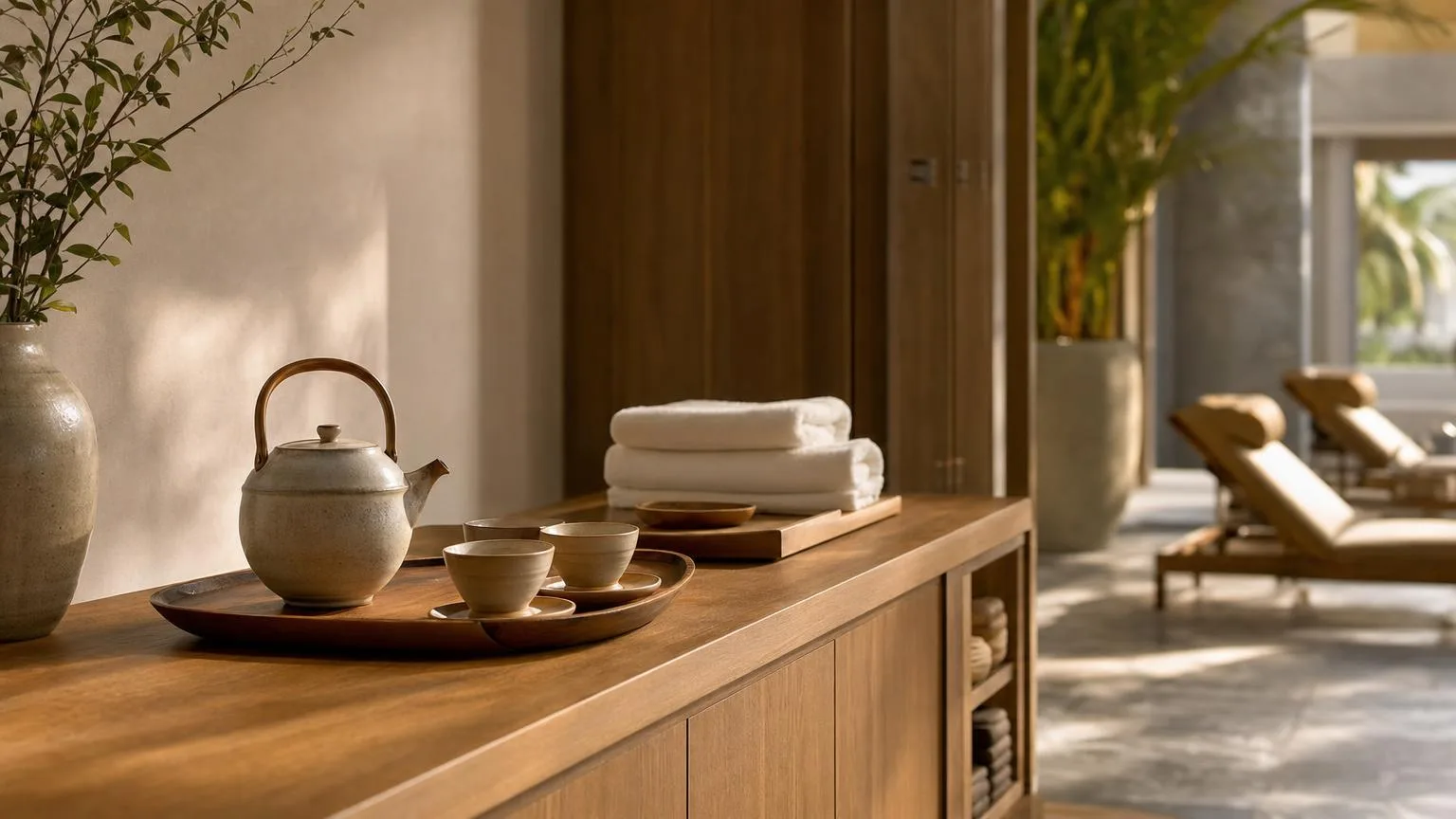Quiet tea corner of a premium wellness studio with soft seating and warm natural light