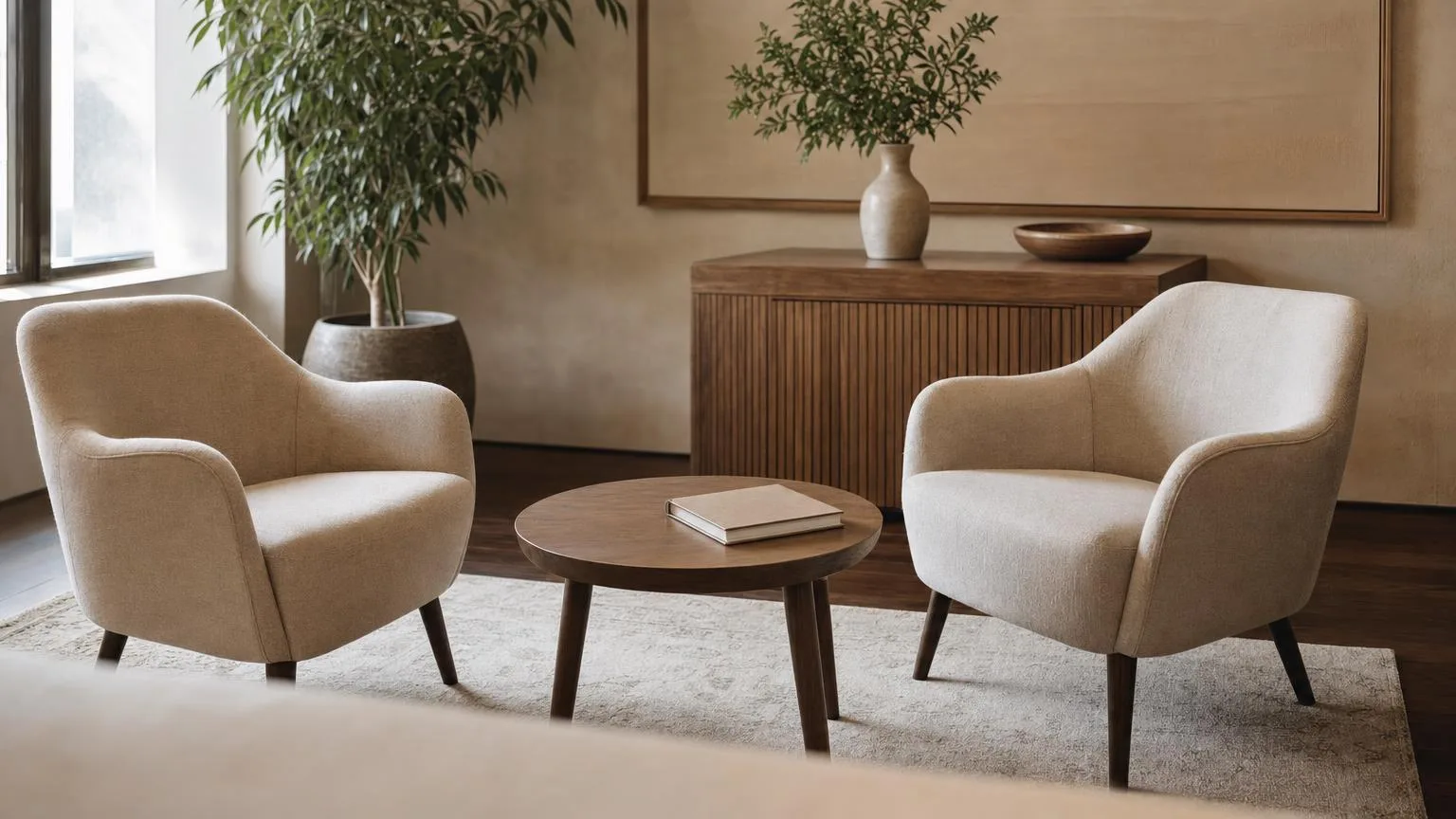 Bright consultation area of a premium wellness studio with natural light, plants, and minimalist seating