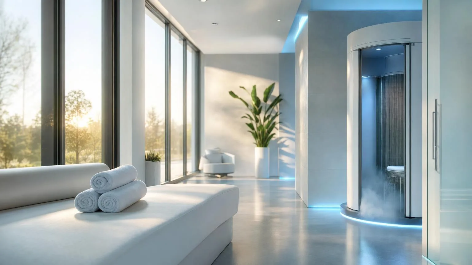Interior of a premium cryotherapy and recovery studio with a lounge bench, rolled towels, and cool ambient light