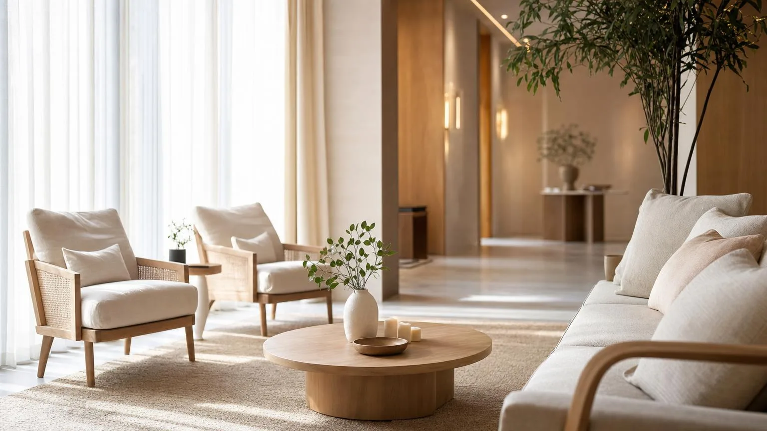 Bright modern wellness studio lounge with a seating area and soft morning daylight