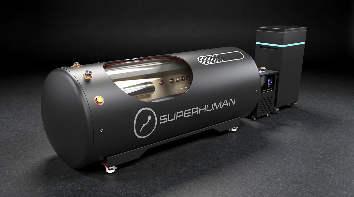 Superhuman hard-shell hyperbaric chamber with its all-in-one machine cabinet in a dark studio