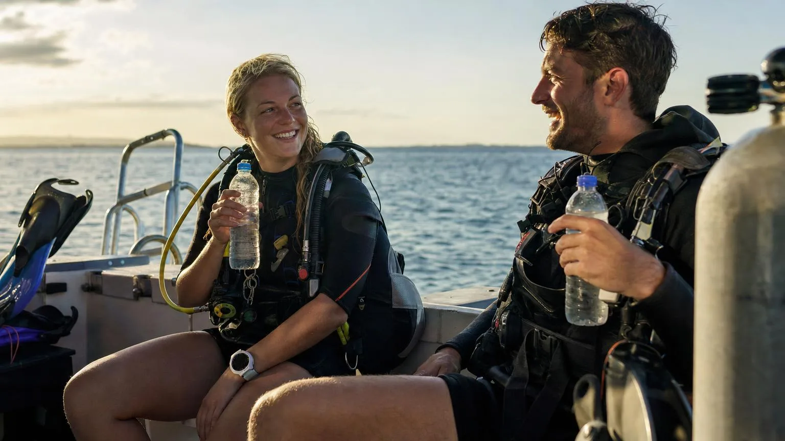 Divers resting and hydrating on a dive boat deck between dives in warm afternoon light